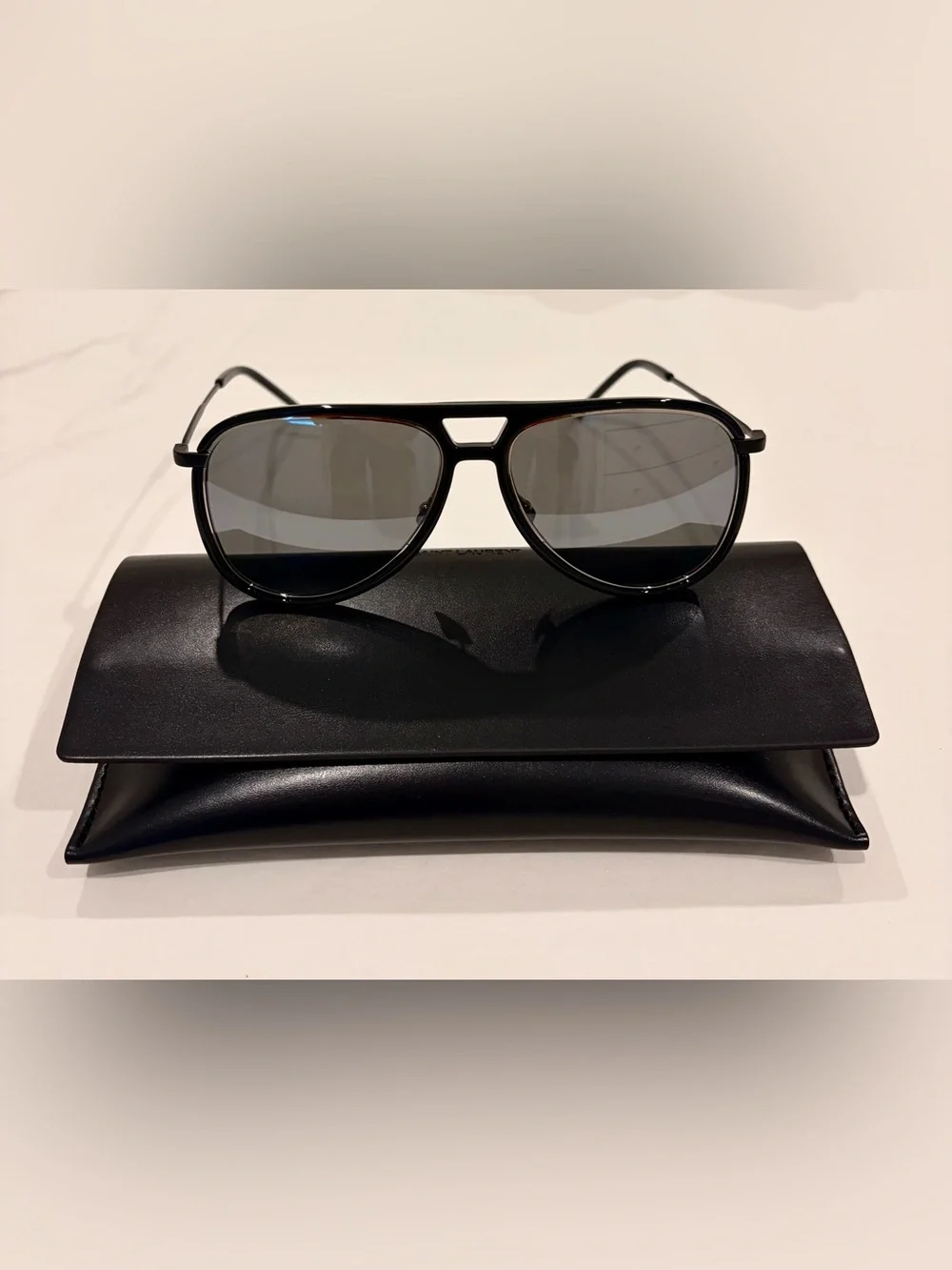 Saint Laurent Black and Silver Aviator Sunglasses NWT